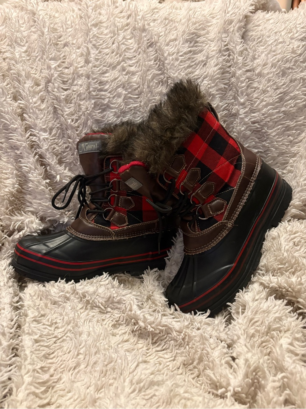 “Almost New” Natural Reflections Red Buffalo Plaid Faux Fur Winter Rain Boots